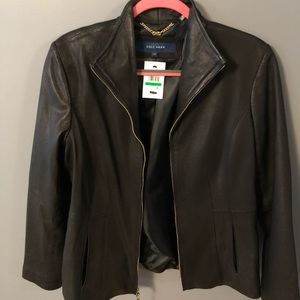 Cole Haan Leather Zip Wing Collar Jacket